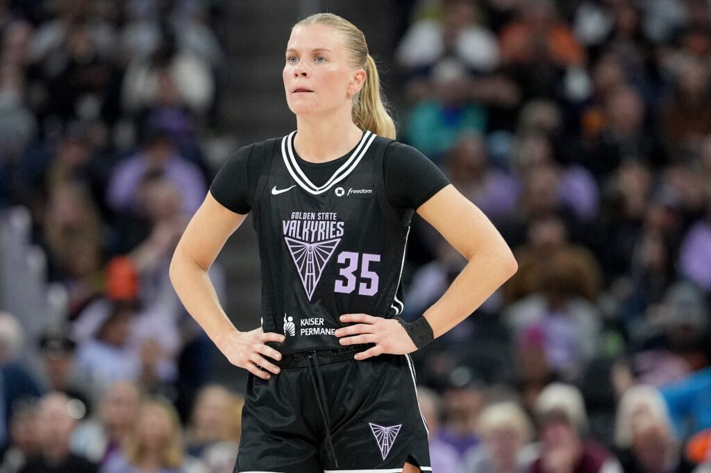 Golden State Valkyries guard Julie Vanloo looks on during a 2025 WNBA game.