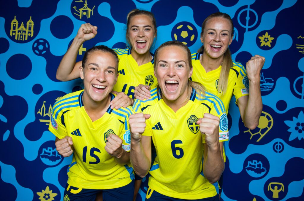 Julia Zigiotti Olme, Fridolina Rolfo, Magdalena Eriksson and Amanda Ilestedt of Sweden of Sweden pose for a portrait during the Official UEFA Women's EURO 2025 Portrait Session