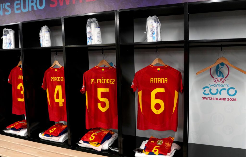 Spain jersey hang in lockers ahead of the team's 2025 Euro opening match against Portugal.