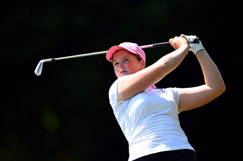 England's Lottie Woad watches her drive at the 2025 Evian Championship.