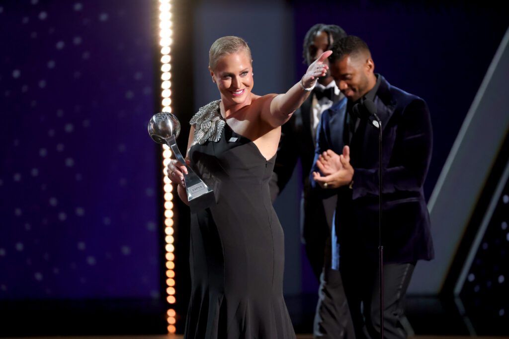 Penn State volleyball head coach Katie Schumacher-Cawley accepts the 2025 Jimmy V Award for Perseverance at the ESPY Awards.
