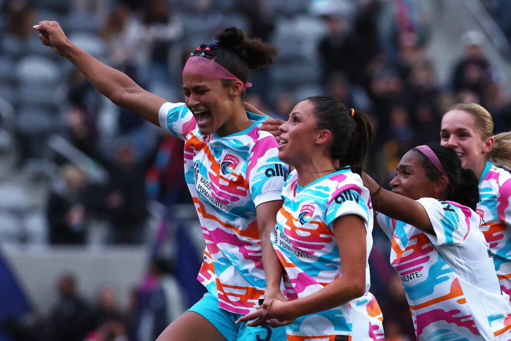 Trinity Armstrong #3 of San Diego Wave FC celebrates with teammates after scoring the team's second goal during the NWSL match between San Diego Wave and Bay FC at Snapdragon Stadium on May 04, 2025 in San Diego, California. 