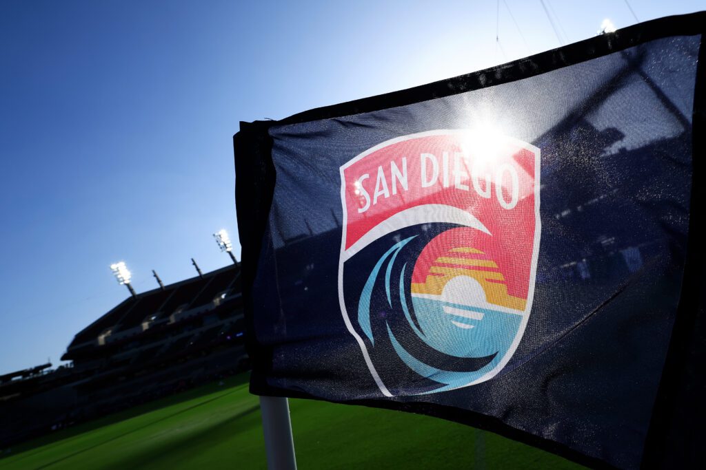 Corner flag wave prior to the NWSL match between San Diego Wave and Washington Spirit at Snapdragon Stadium on June 22, 2025 in San Diego, California.