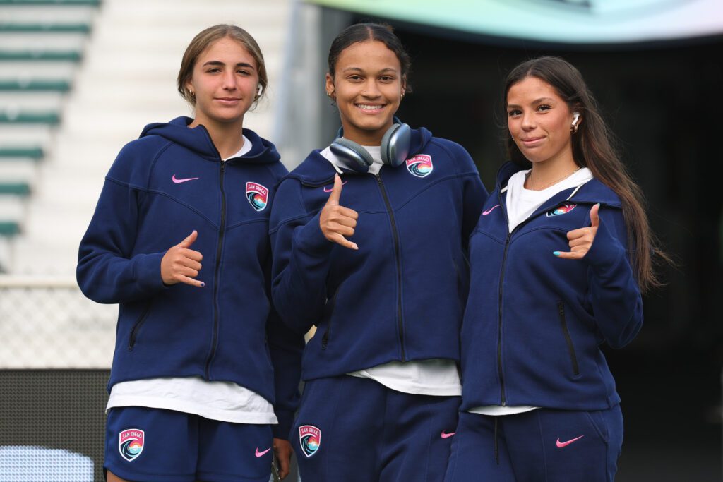 Kimmi Ascanio #17, Trinity Armstrong #3 and Melanie Barcenas #25 of San Diego Wave FC inspect the pitch prior to the NWSL match between NC Courage and San Diego Wave.