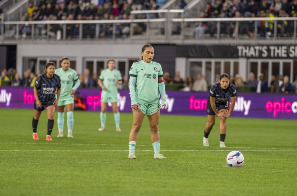 Kansas City Current midfielder Lo'eau LaBonta prepares to take a penalty kick during a 2025 NWSL match.