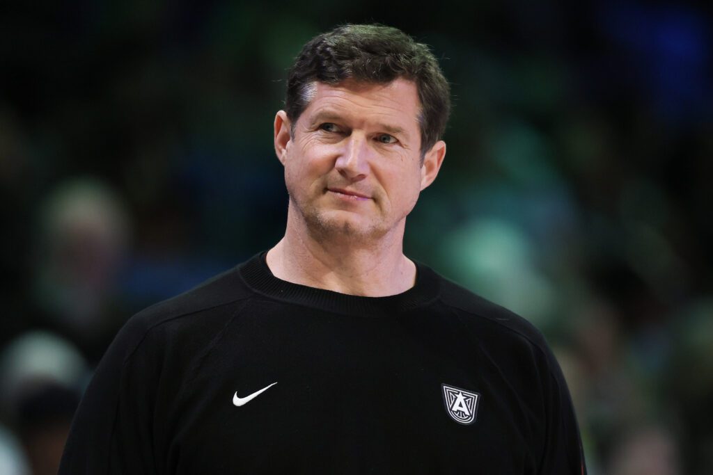 Head coach Karl Smesko of the Atlanta Dream looks on prior to the game against the Dallas Wings.