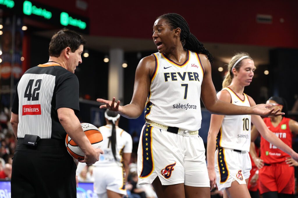 Indiana Fever star Aliyah Boston argues a call with an official during Game 1 of the 2025 WNBA Playoffs.