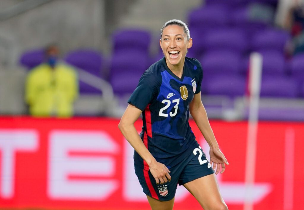 USWNT forward Christen Press celebrates a goal in a 2021 friendly.
