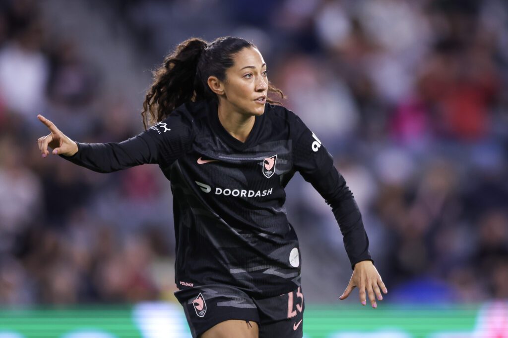 Angel City forward Christen Press gestures for the ball during a 2025 NWSL match.