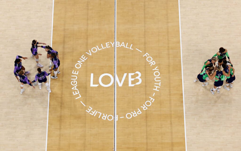 LOVB Omaha and LOVB Austin huddle during the 2025 LOVB championship match.