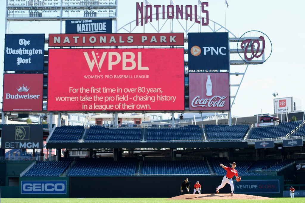 A player delivers a pitch during the WPBL tryouts at Nationals Park.