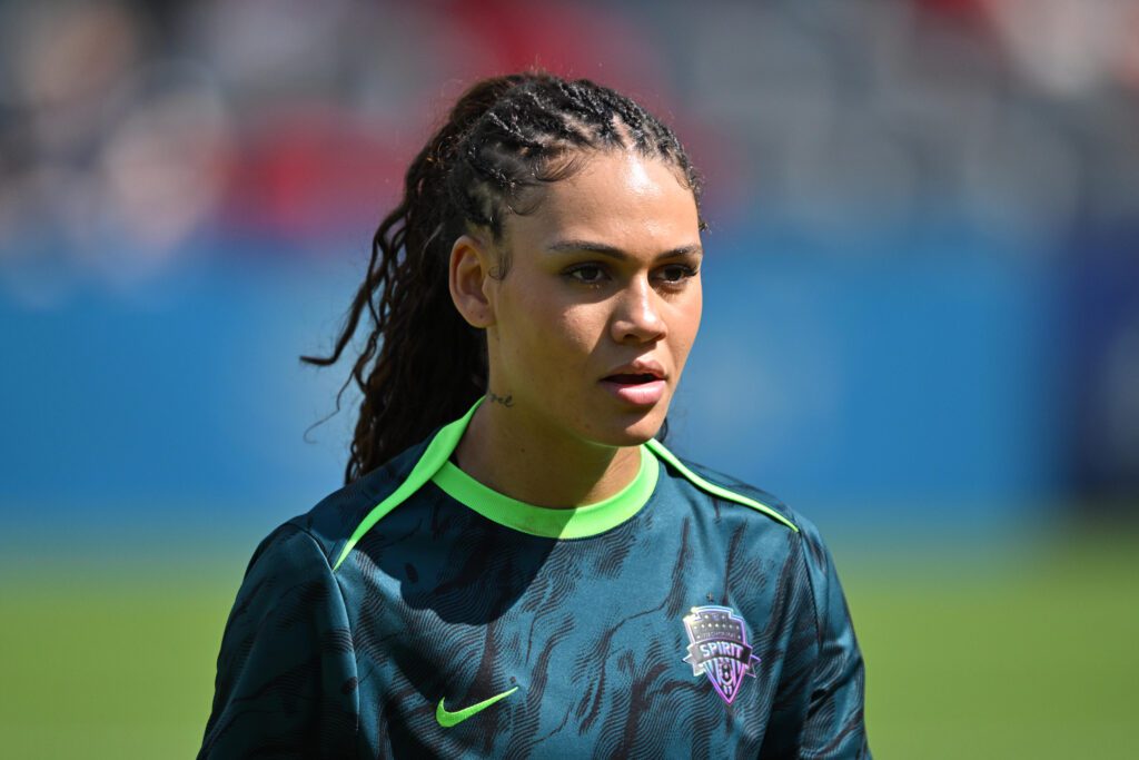 Washington Spirit forward Trinity Rodman looks on during pre-game warm-up before a 2025 NWSL match.