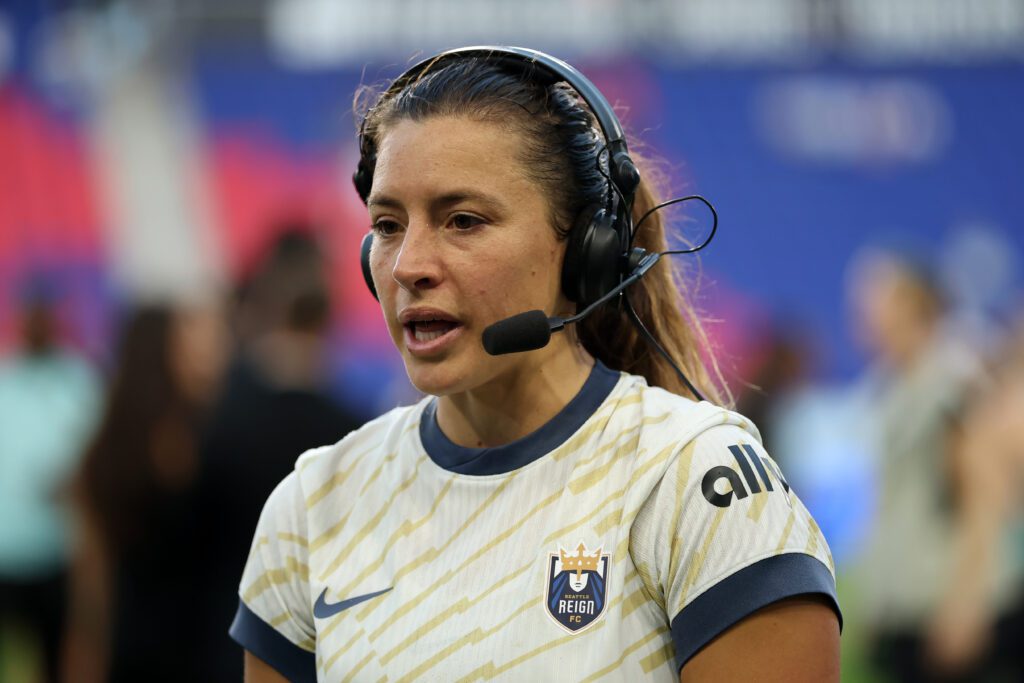 Seattle Reign defender Sofia Huerta speaks to media after a 2025 NWSL match.
