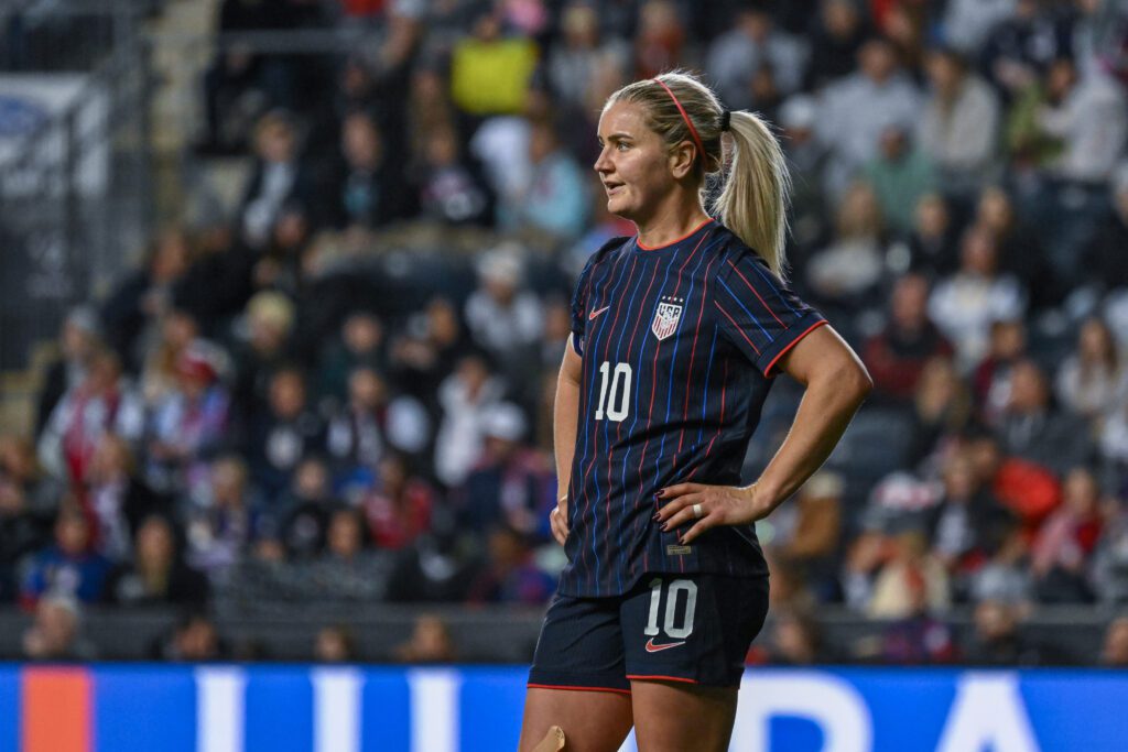 USWNT captain Lindsey Heaps looks on during a 2025 friendly.