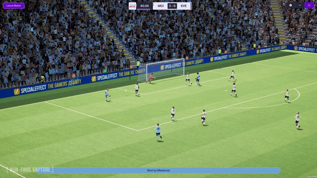 A graphic from video game Football Manager depicts a match in progress.