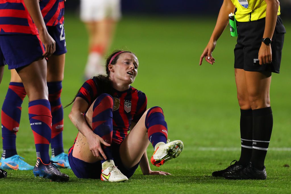 Rose Lavelle #16 of United States injuried during a match between United States and Czech Republic as part of SheBelieves Cup 2022 at Dignity Health Sports Park on February 17, 2022 in Carson, California. 