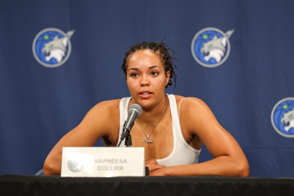 Minnesota Lynx star Napheesa Collier speaks to media after a 2025 WNBA game.