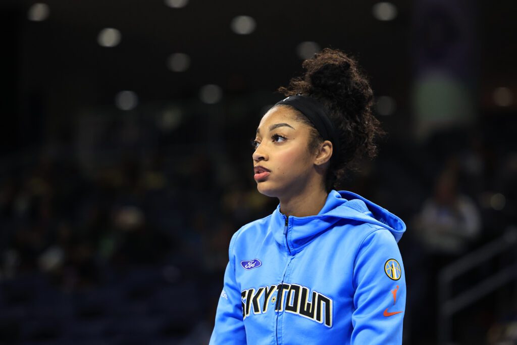 Chicago Sky star Angel Reese looks on before a 2025 WNBA game.