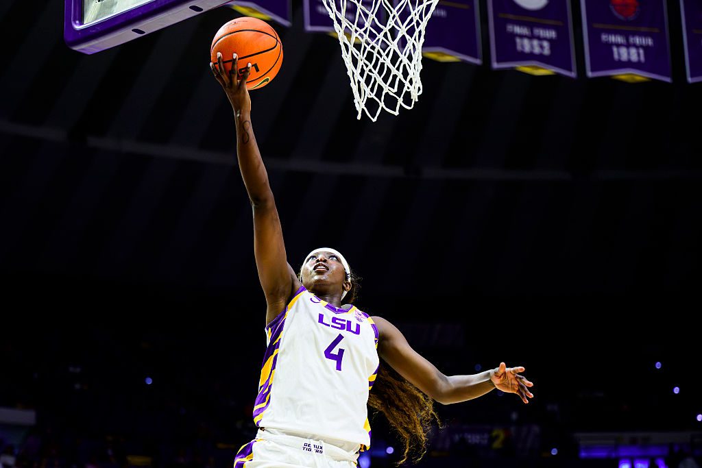 Flau'Jae Johnson #4 of the LSU Tigers in action against the Southeastern Louisiana Lions at the Pete Maravich Assembly Center on November 6, 2025 in Baton Rouge, Louisiana. 