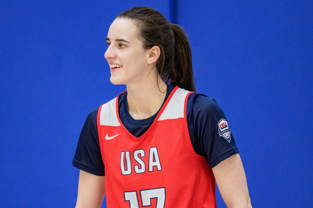 Indiana Fever star Caitlin Clark practices at a December 2025 USA Basketball training camp.