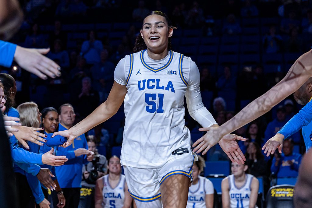 Center Lauren Betts #51 of the UCLA Bruins is introduced in the starting lineups before a game against the Oregon Ducks at Pauley Pavilion on December 7, 2025 in Los Angeles, California.