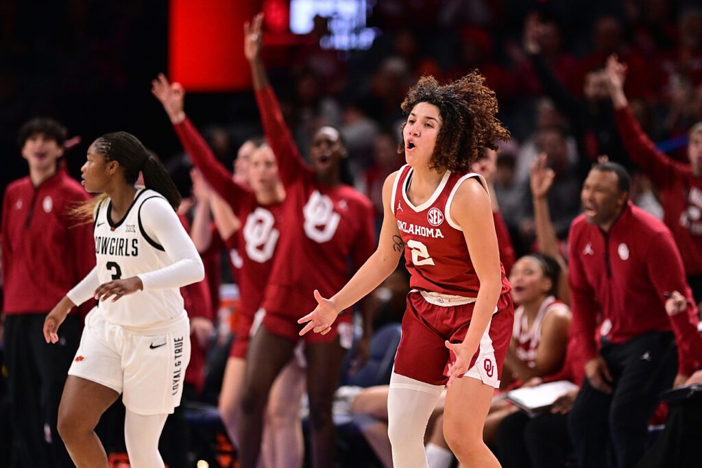 Oklahoma guard Aaliyah Chavez celebrates a play during a 2025/26 NCAA basketball game.