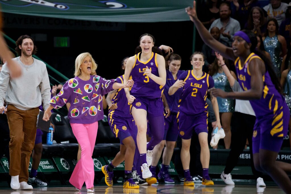 LSU Tigers head coach Kim Mulkey reacts after a play by LSU Tigers guard Flau'Jae Johnson (4) during the first half against the Tulane Green Wave at Avron B. Fogelman Arena in Devlin Fieldhouse. 