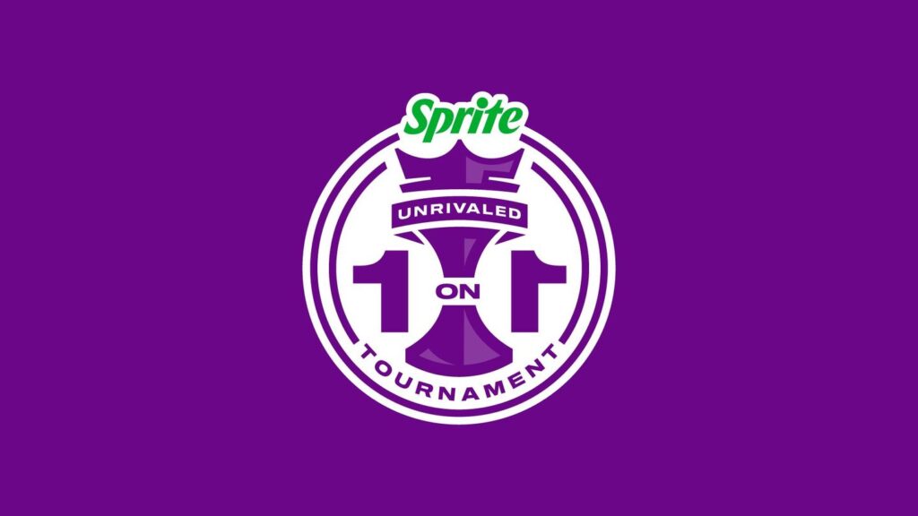 Purple graphic showcasing Unrivaled Basketball 1v1 tournament logo presented by Sprite.