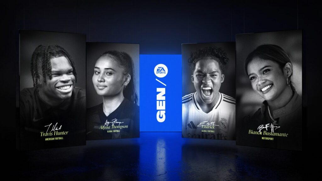A graphic displays the first GEN / EA SPORTS athlete class of Travis Hunter (NFL's Jacksonville Jaguars), Alyssa Thompson (USWNT, Chelsea), Endrick (Brazil, Lyon), and Bianca Bustamante (motosport racer).