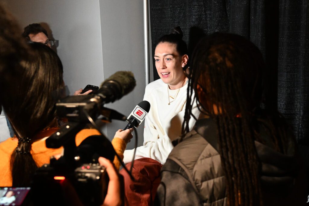New York Liberty star Breanna Stewart speaks to reporters ahead of a 2024 WNBA Finals game.