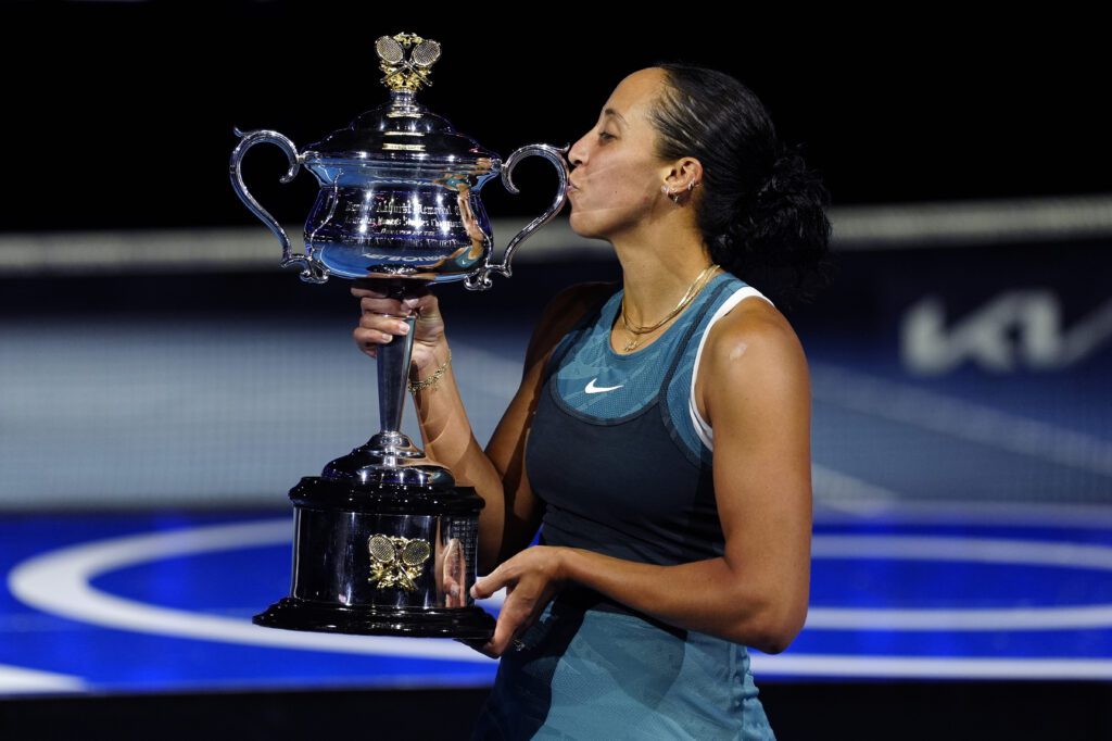 US tennis star Madison Keys kisses the Daphne Akhurst Memorial Cup after winning the 2025 Australian Open.