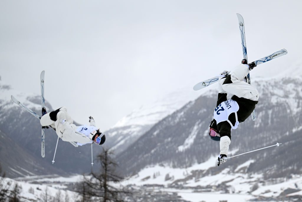 Charlotte Wilson of Team Australia (R) and Maia Schwinghammer of Team Canada compete in Heat 6 1/8 Final of the Women's Dual Moguls during the FIS World Cup Aerials & Moguls on March 12, 2025 in Livigno, Italy. The World Cup is an official test event for the XXV edition of the Winter Olympics, which will be held in Milan and Cortina d'Ampezzo in 2026. 