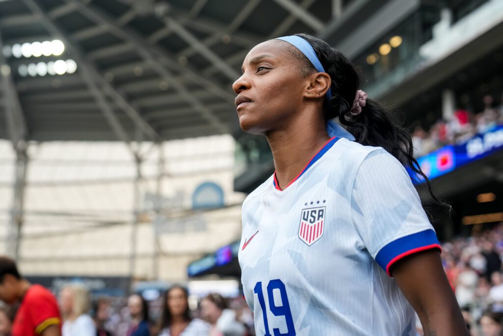 USWNT star Crystal Dunn looks on during a 2025 friendly.