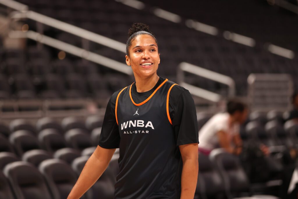 Phoenix Mercury star Alyssa Thomas looks on during a practice session for the 2025 WNBA All-Star Game.
