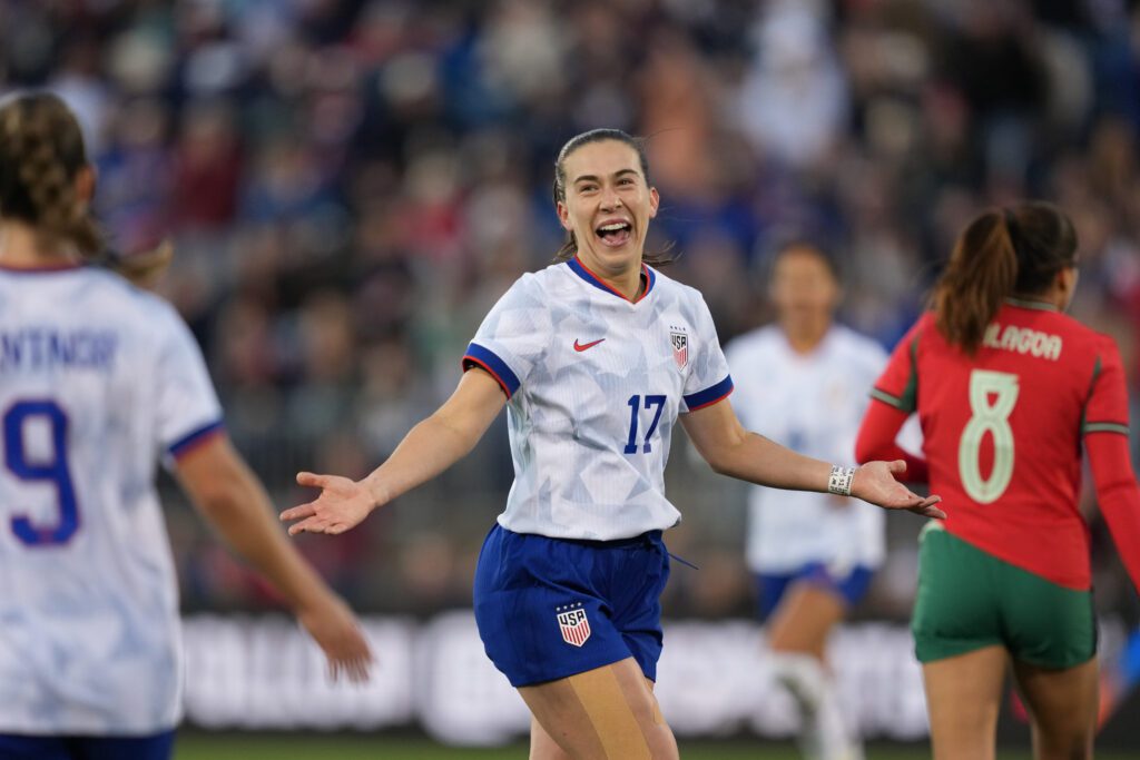 USWNT midfielder Sam Coffey celebrates a goal during a 2025 friendly.