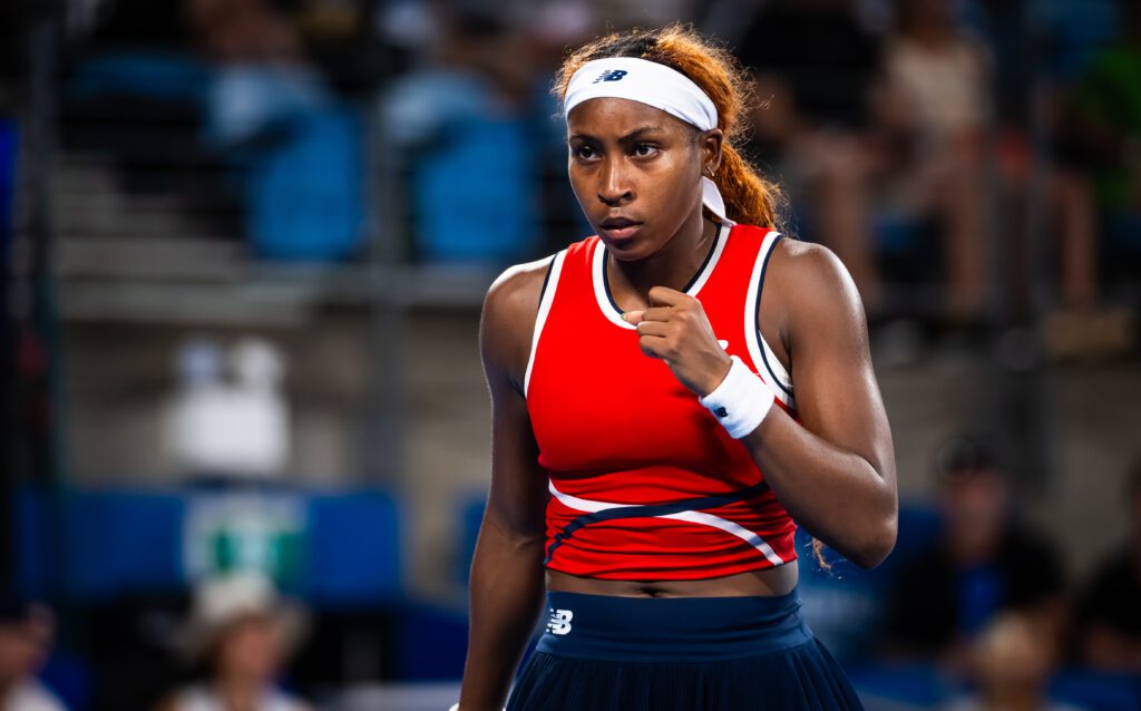 US tennis star Coco Gauff reacts to a point during a 2026 United Cup match.