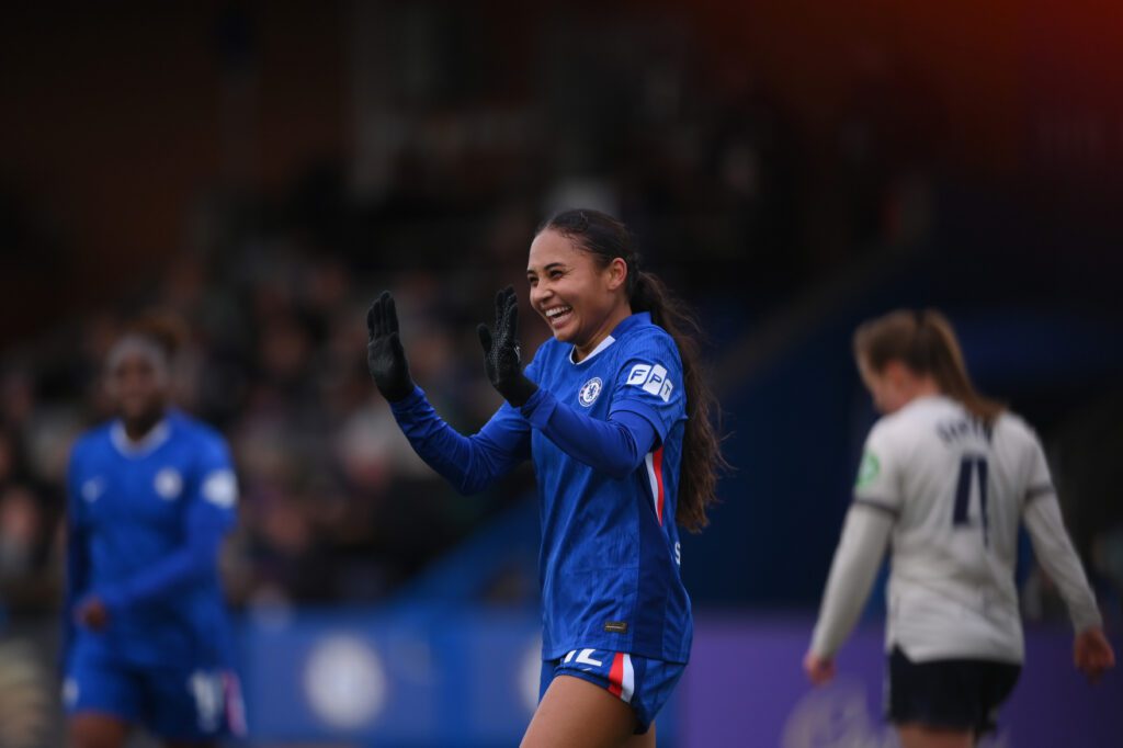 Chelsea FC forward Alyssa Thompson celebrates her goal during a 2025/26 WSL match.