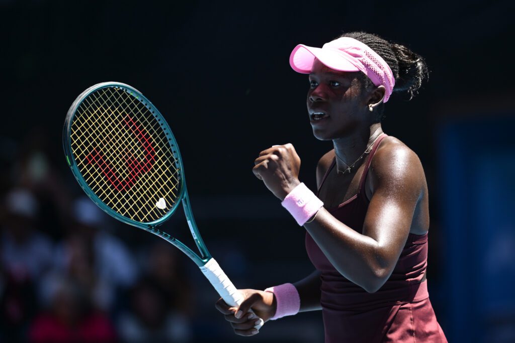 Canadian tennis star Victoria Mboko celebrates a point in her third-round win at the 2026 Australian Open.