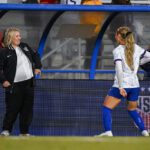 Trinity Rodman #2 of the United States dances with head coach Emma Hayes afterr scoring during the second half against Chile during an international friendly at Harder Stadium on January 27, 2026 in Santa Barbara, California.