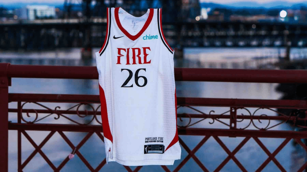 A No. 26 Portland Fire jersey is displayed on a bridge ahead of the 2026 WNBA expansion team's inaugural season.