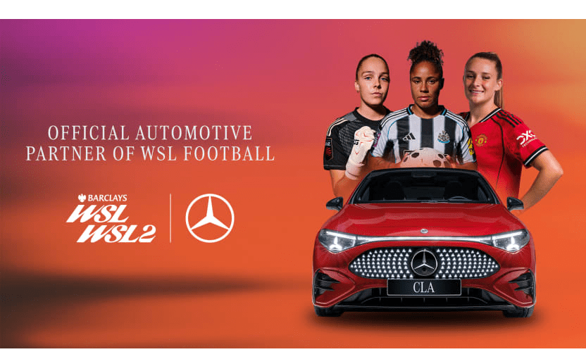 A graphic of WSL players behind a red Mercedes-Benz announces the automotive giant as a new partner of the top-flight UK league.