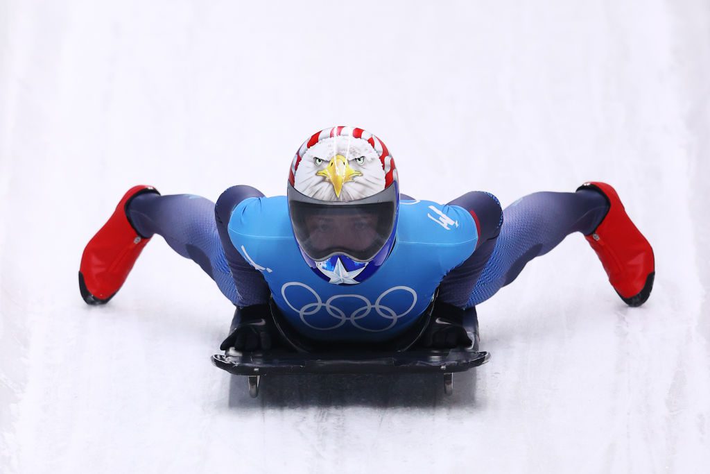 Katie Uhlaender of Team United States slides during the Women's Skeleton heat 4 on day eight of Beijing 2022 Winter Olympic Games at National Sliding Centre on February 12, 2022 in Yanqing, China.