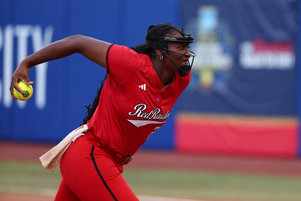 Texas Tech softball star NiJaree Canady winds up her pitch during the final game of the championship series at the 2025 Women's College World Series.