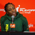 Seattle Storm star Nneka Ogwumike speaks to media after a 2025 WNBA game.