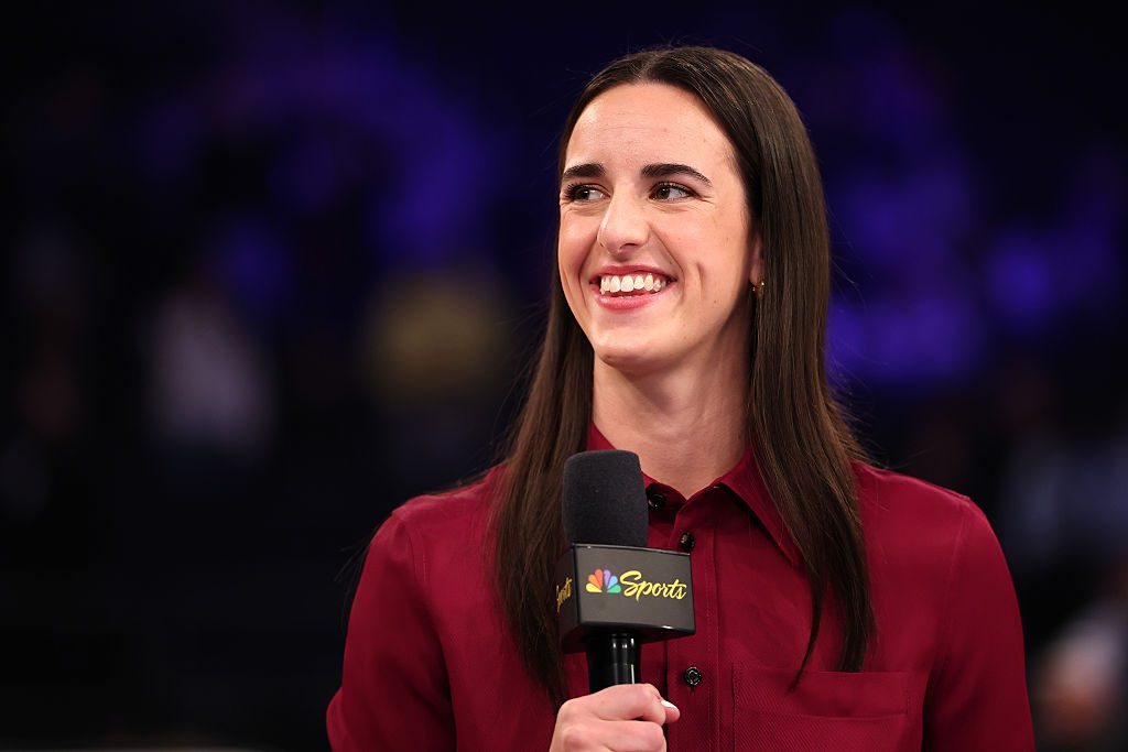 Caitlin Clark talks on stage as she joins NBC’s Sunday Night Basketball prior to the game between the Los Angeles Lakers and New York Knicks at Madison Square Garden on February 01, 2026 in New York City.