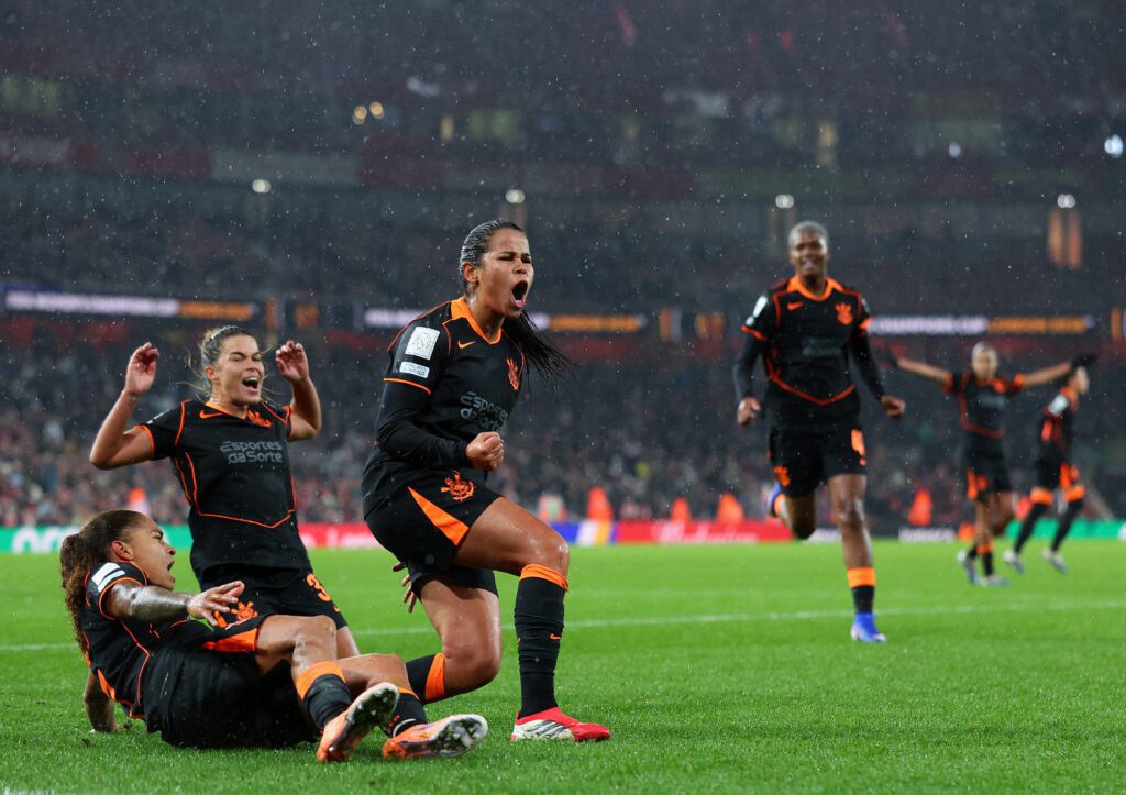 SC Corinthians midfielder Vic Albuquerque celebrates her goal with teammates during the 2026 FIFA W Champions Cup final.