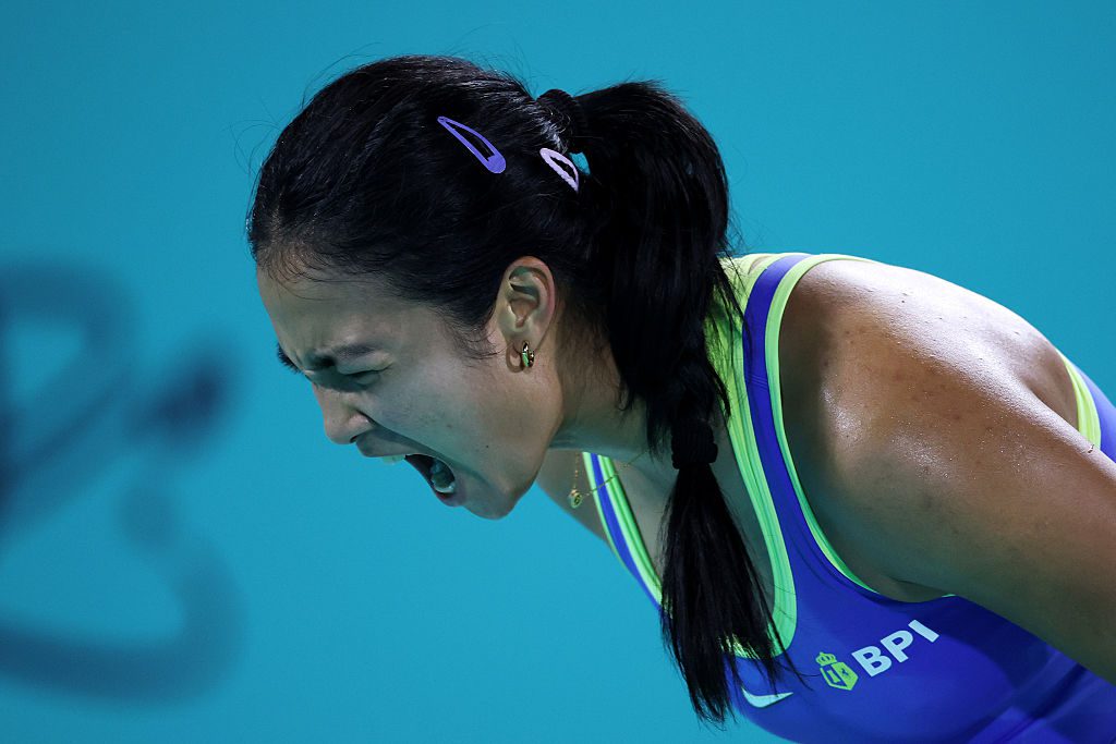 Alexandra Eala of the Philippines celebrates scoring a point against Zeynep Sonmez of Turkey in the first round during day two of the Mubadala Abu Dhabi Open, part of the Hologic WTA Tour, at Zayed Sports City on February 02, 2026 in Abu Dhabi, United Arab Emirates.
