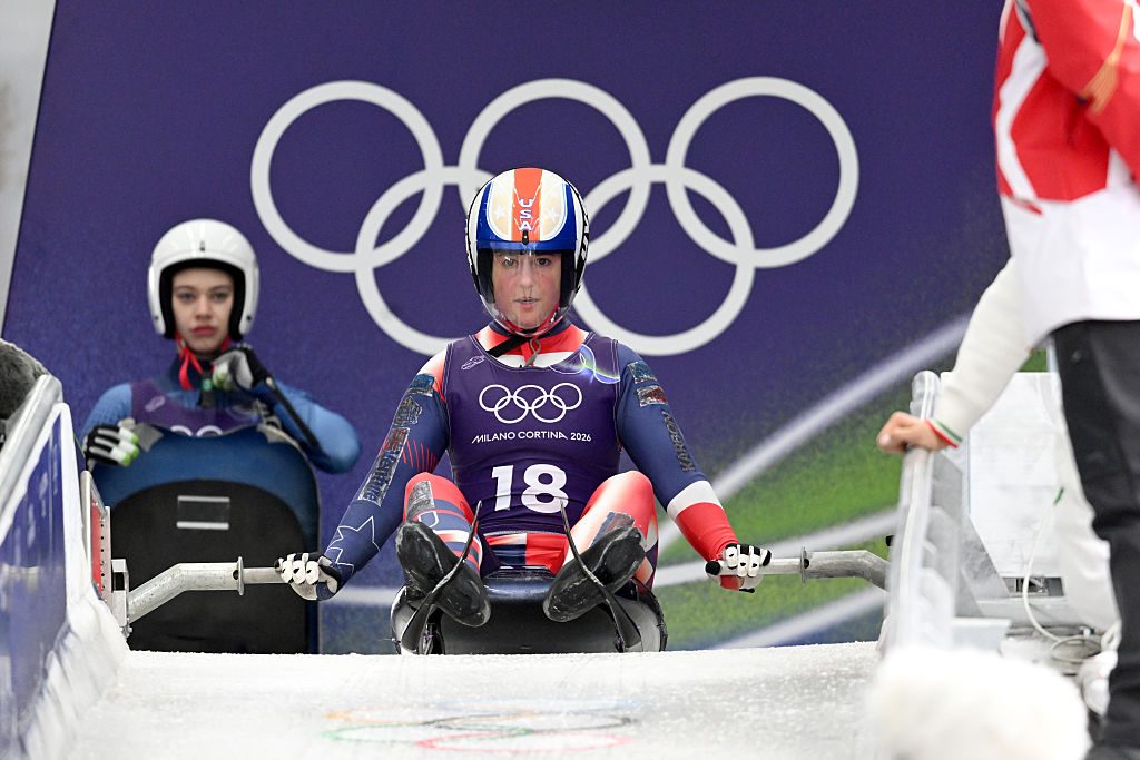 Emily Fischnaller of Team USA prepares for the start of the 2026 Winter Olympics women's singles luge competition.
