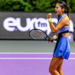Emma Raducanu of Great Britain reacts in game against Maja Chwalinska of Poland during the WTA 250 Transylvania Open tournament in BT Arena, on February 05, 2026 in Cluj-Napoca, Romania.