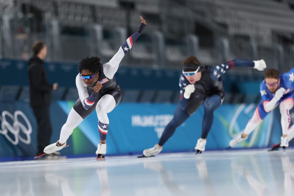 Team USA speed skater Erin Jackson races across the ice while training in Milan ahead of the 2026 Winter Olympics.